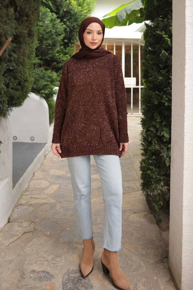 Kahverengi Bisiklet Yaka Simli Triko Kazak