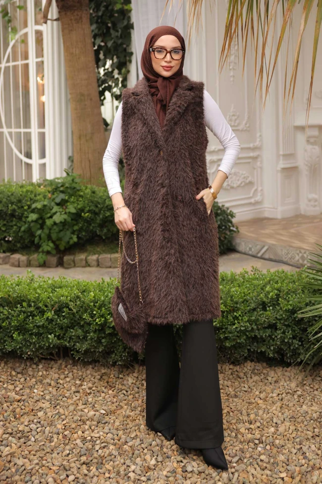 Kahverengi Çanta Hadiyeli Angora Pelüş Kürk Yelek