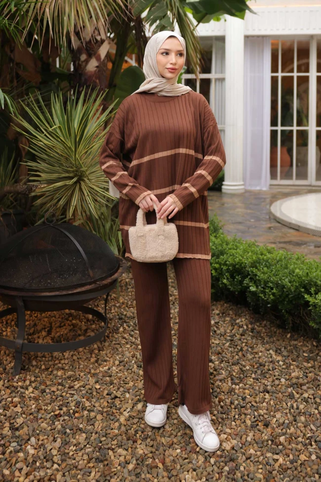 Kahverengi Çizgili Triko Tunik Pantolon İkili Takım