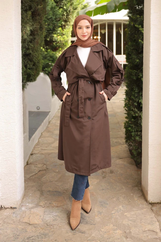 Kahverengi Kruvaze Yaka Astarlı Trençkot