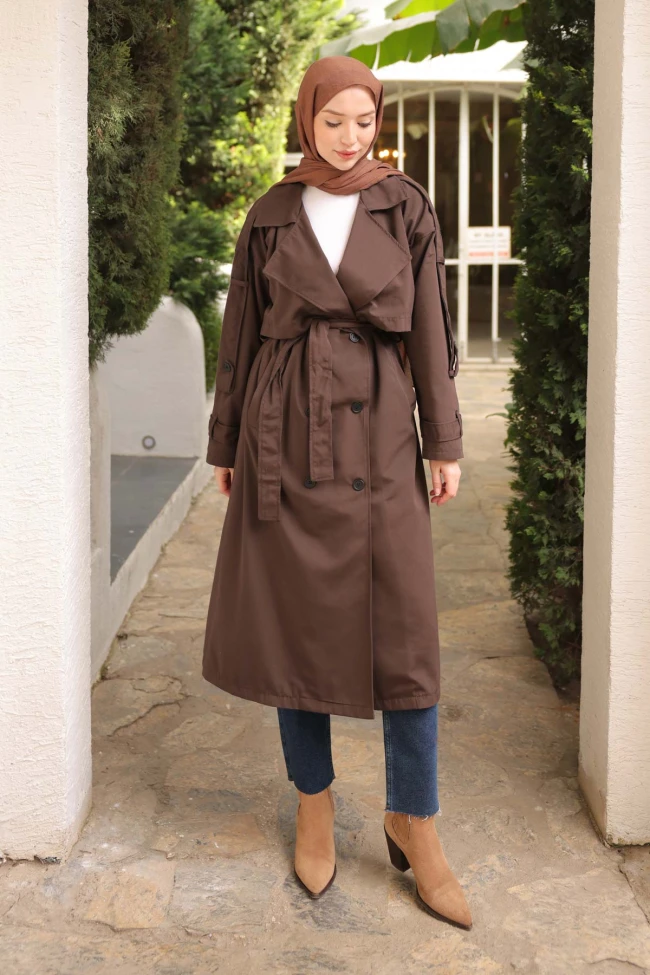Kahverengi Kruvaze Yaka Astarlı Trençkot