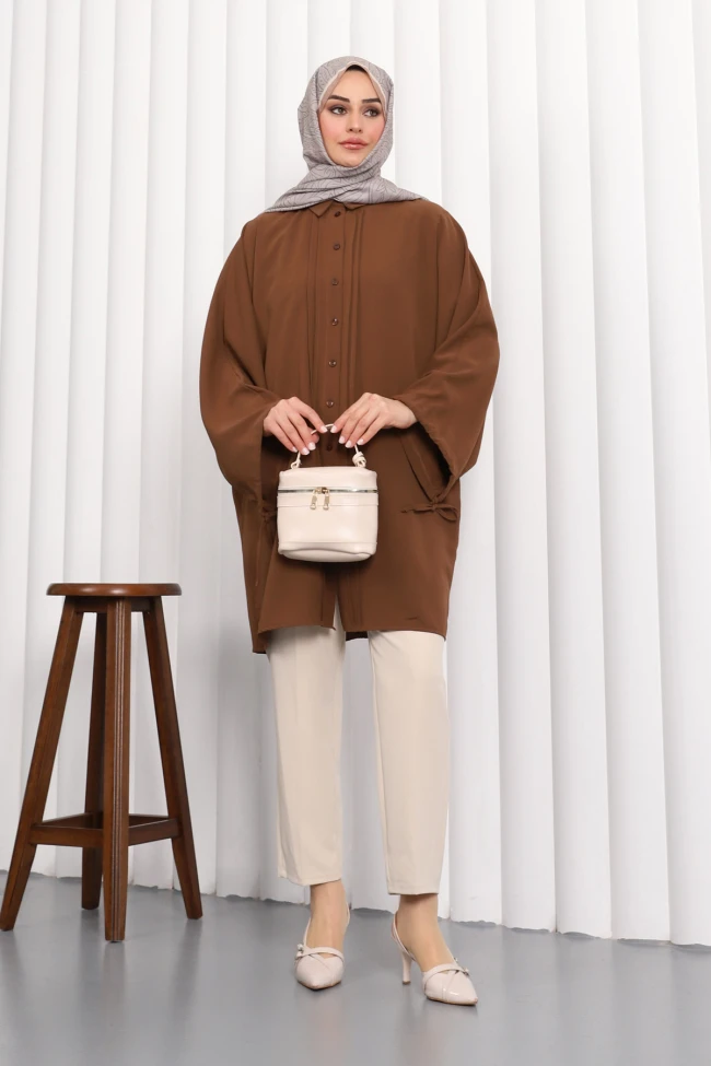 Kahverengi Yarasa Kol Linda Tunik