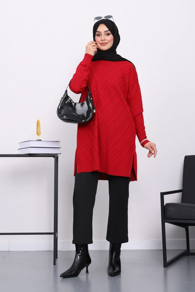 Kırmızı Soğuk İplik Merserize Triko Tunik
