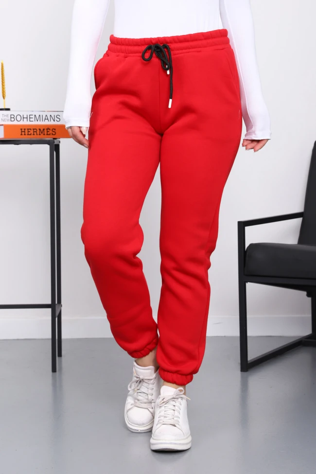 Kırmızı Üç İplik Şardonlu Eşofman Altı