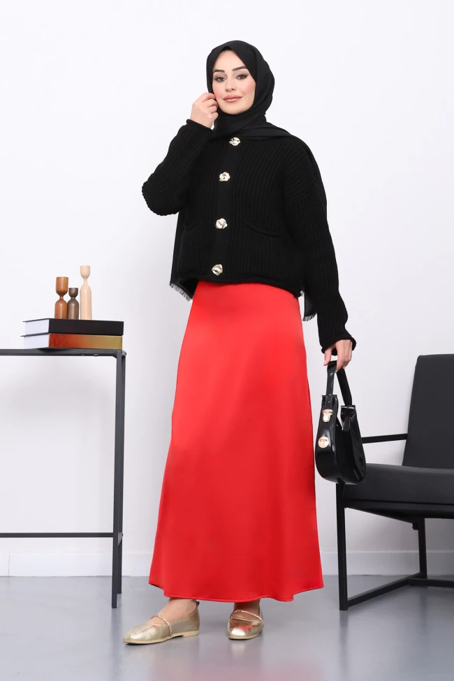 Kırmızı Yan Fermuarlı Saten Kloş Etek