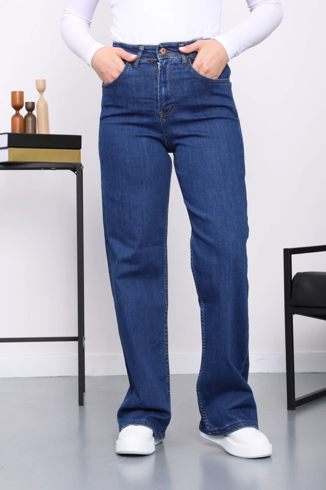 Koyu Mavi Yüksek Bel Palazzo Kot Pantolon