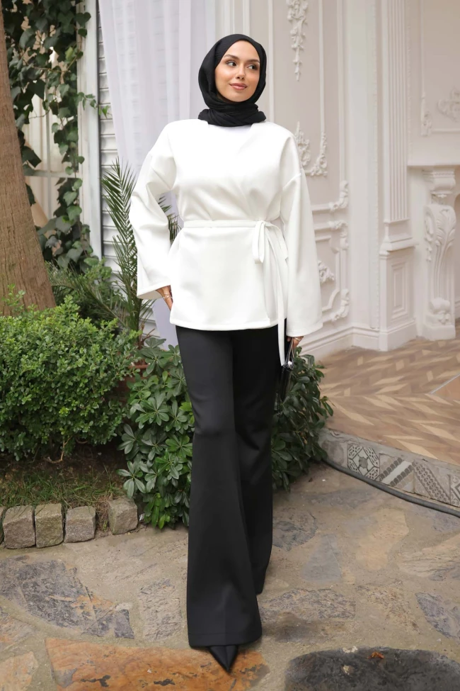 Krem Kuşaklı Scuba Kimono