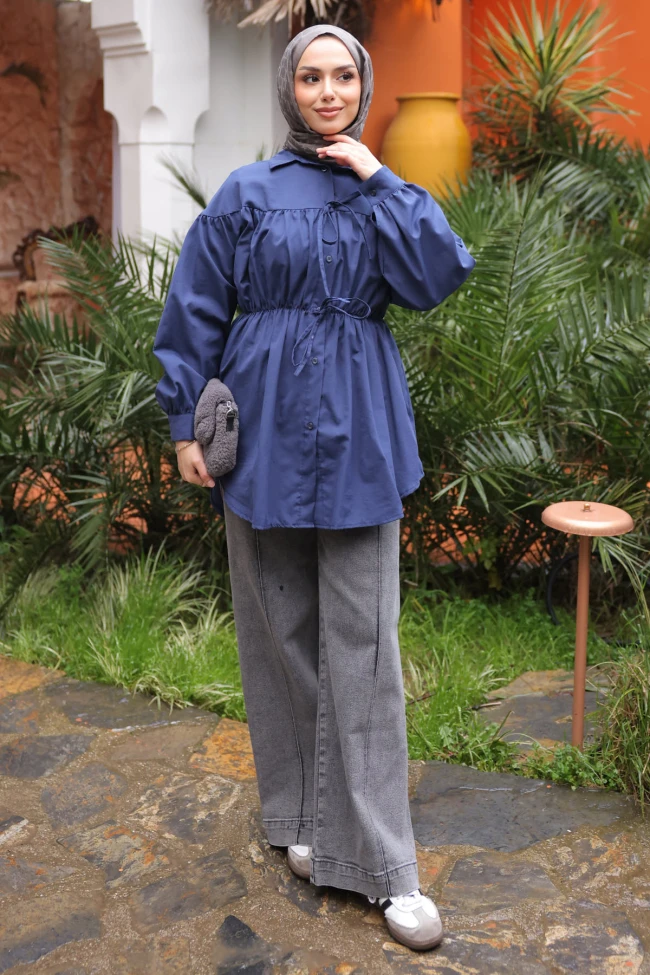 Lacivert Bel Lastikli Düğmeli Tunik