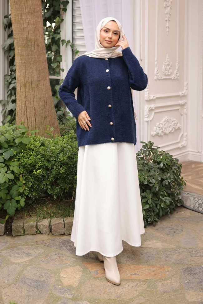 Lacivert Bisiklet Yaka Angora Yumoş Hırka