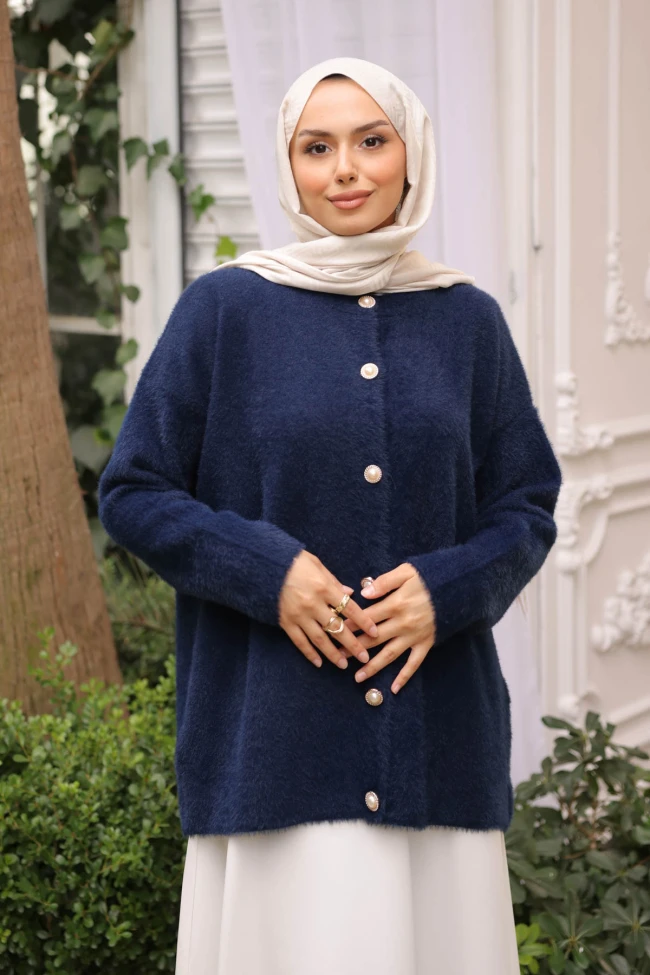 Lacivert Bisiklet Yaka Angora Yumoş Hırka