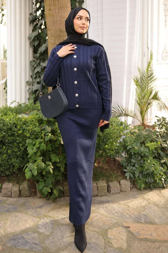 Lacivert Crop Hırka Triko Elbise İkili Kombin