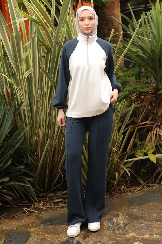 Lacivert Fermuarlı Garnili Sweat  Pantolonlu Takım