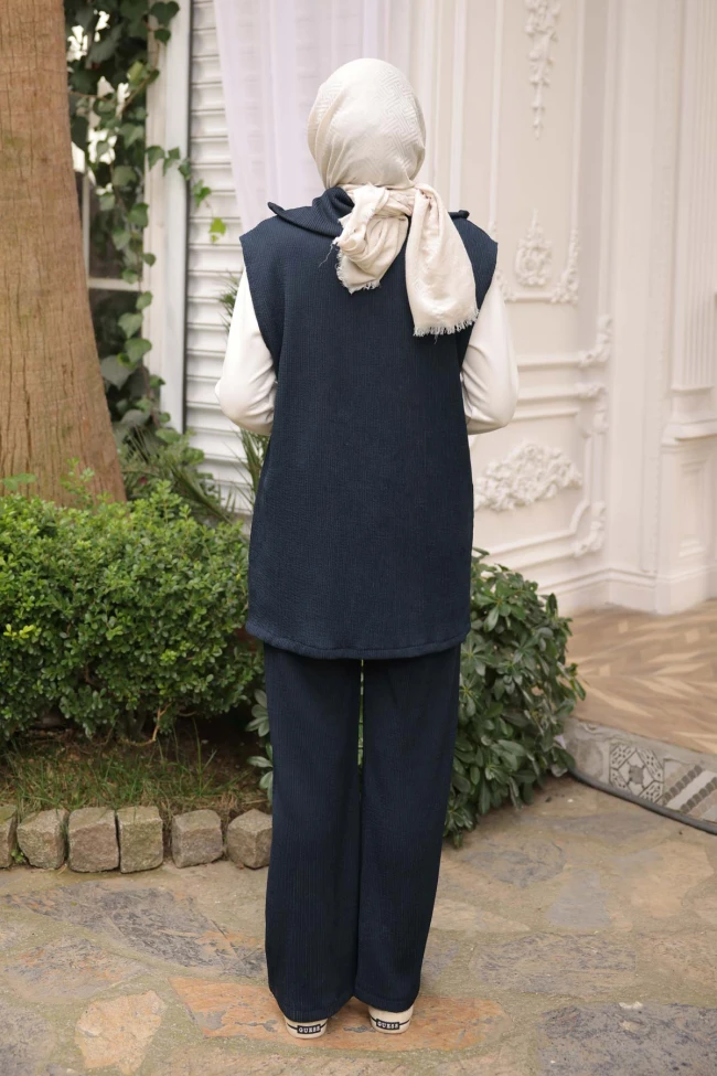 Lacivert Fitilli Yelek Tunik Pantolonlu Üçlü Takım