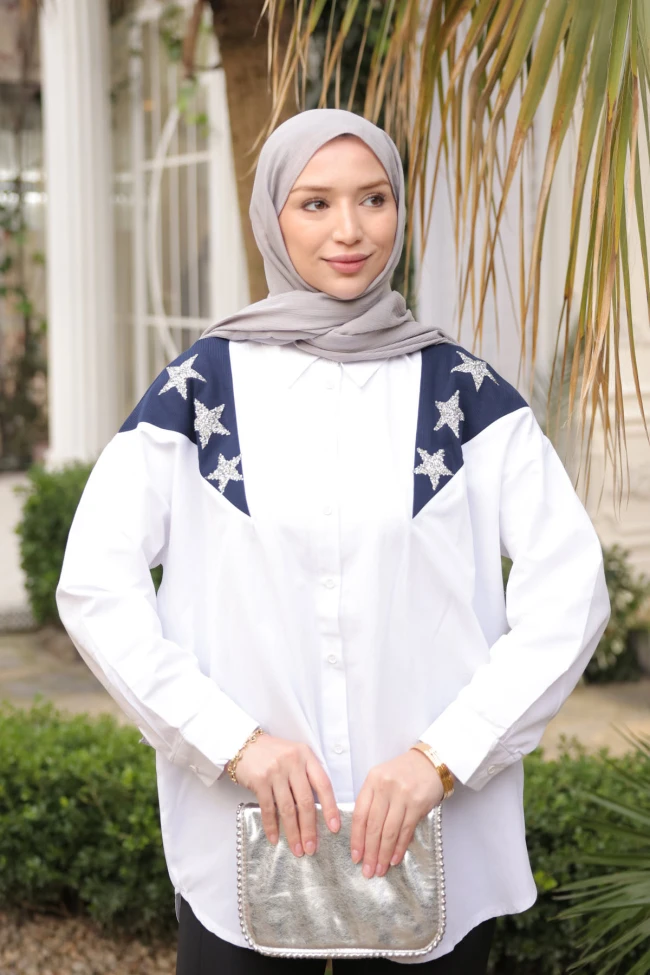 Lacivert Garnili Taş Detaylı Gömlek