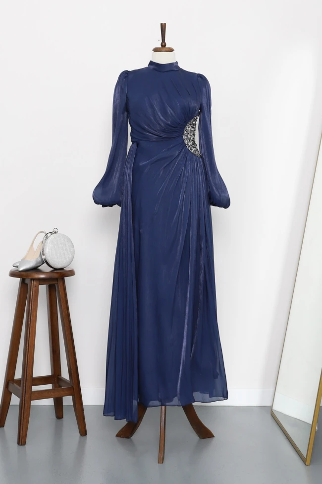 Lacivert Kolu Lastikli Taş Detaylı Abiye