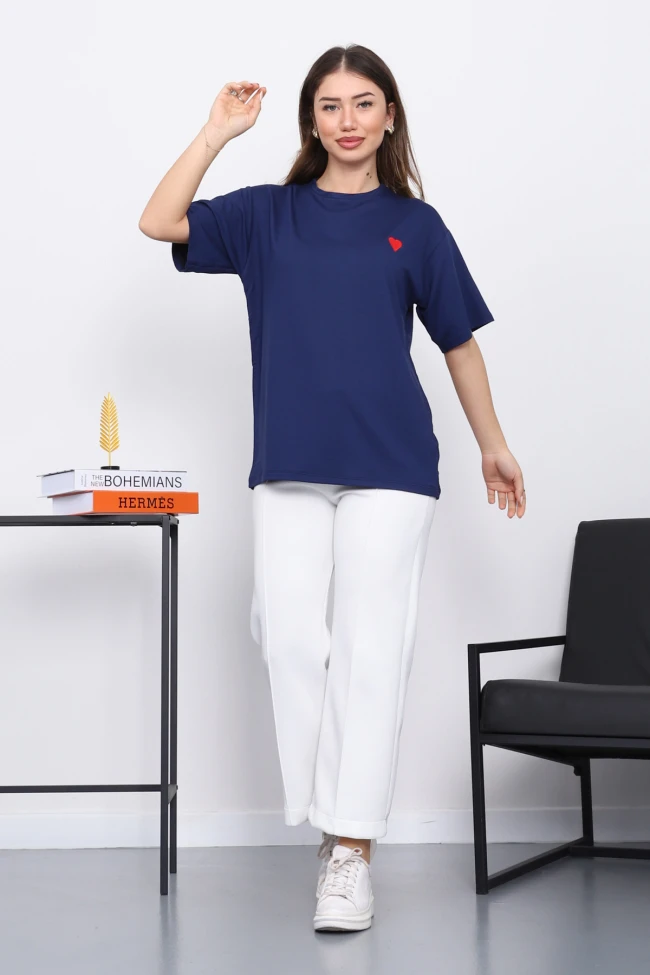 Lacivert Nakışlı Kısa Kol Modal T-Shirt