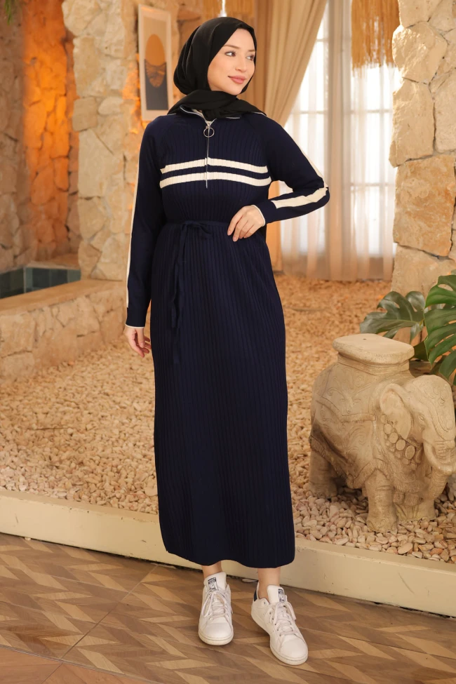 Lacivert Yaka Fermuarlı Fitilli Çizgili Triko Elbise