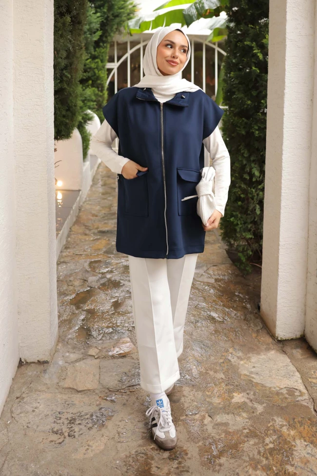 Lacivert Yakası Ve Beli Stoper Lastikli Cepli Scuba Yelek