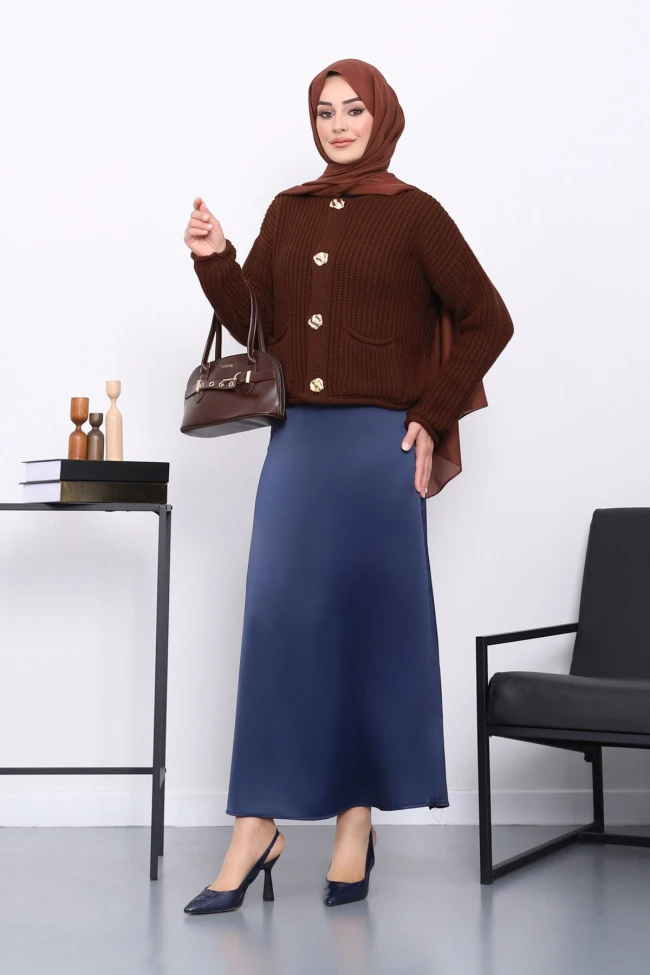 Lacivert Yan Fermuarlı Saten Kloş Etek