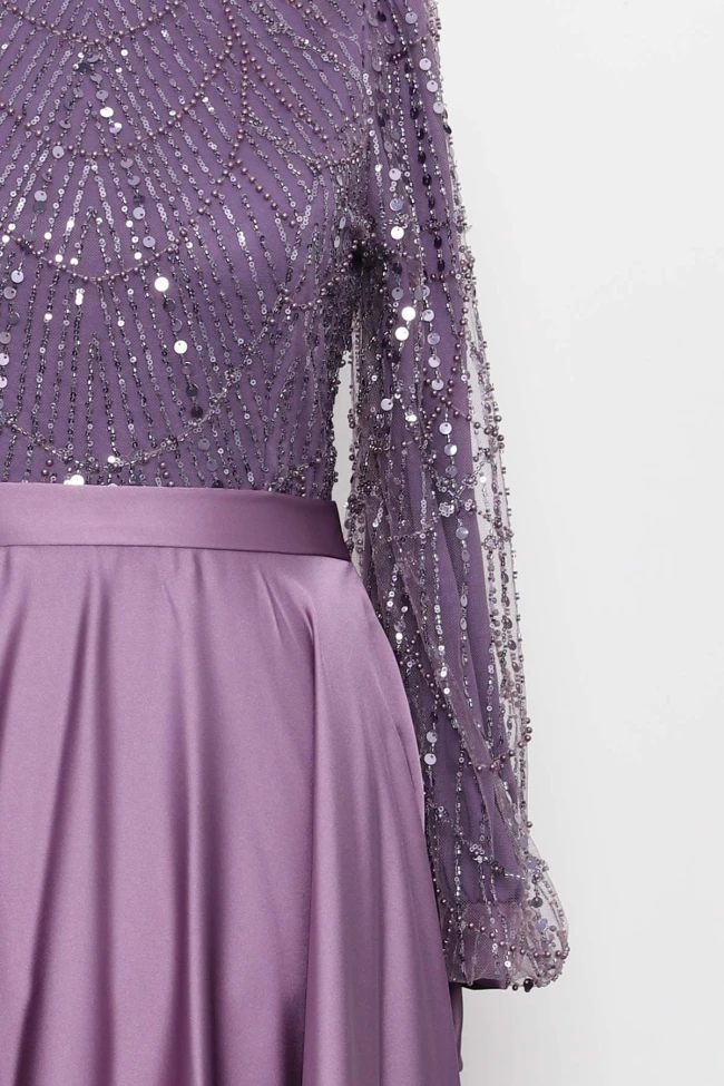 Lila Boncuklu İşlemeli Saten Abiye