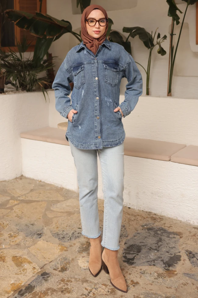 Mavi Cepli Lazer Kesim Kot Ceket