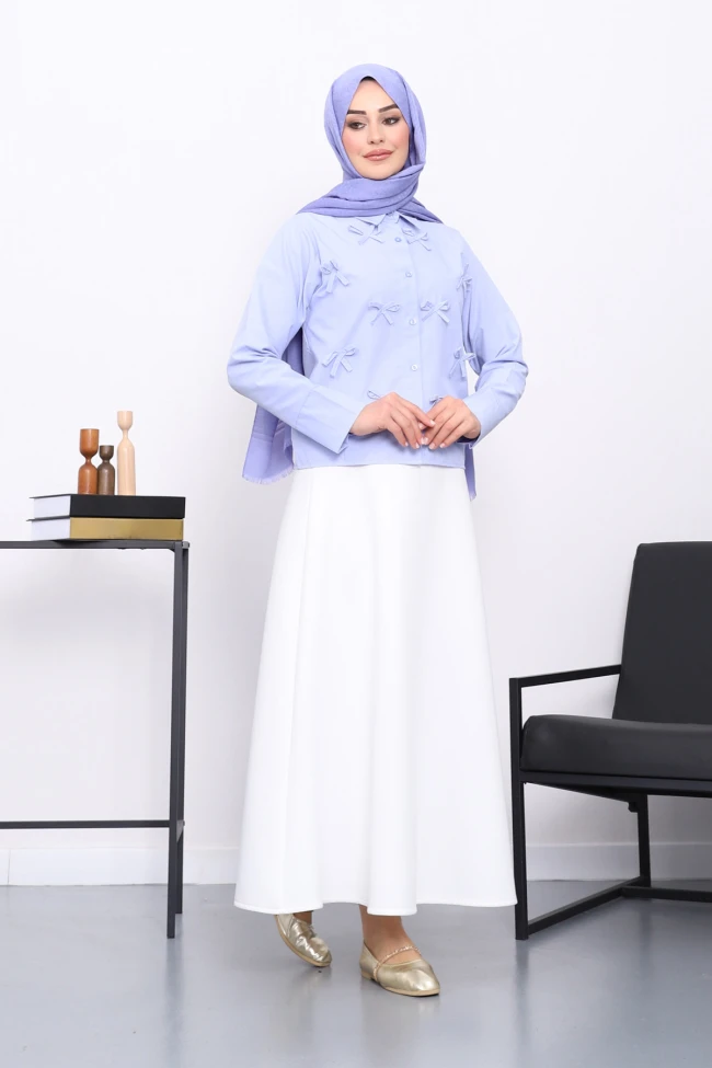 Mavi Fiyonklu Ön Düğmeli Gömlek