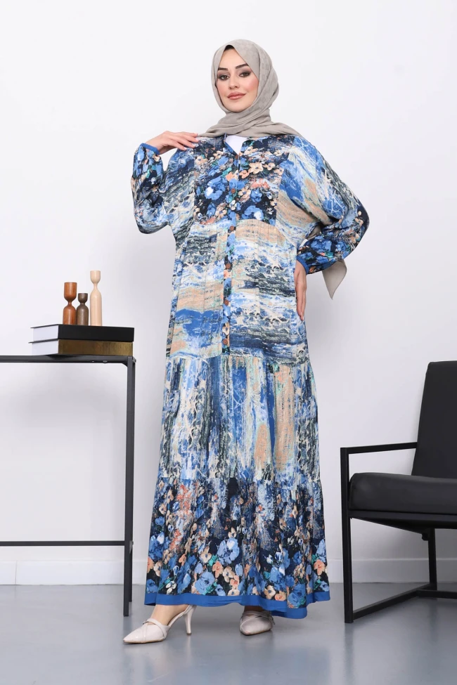 Mavi Hakim Yaka Desenli Düğmeli Viskon Elbise
