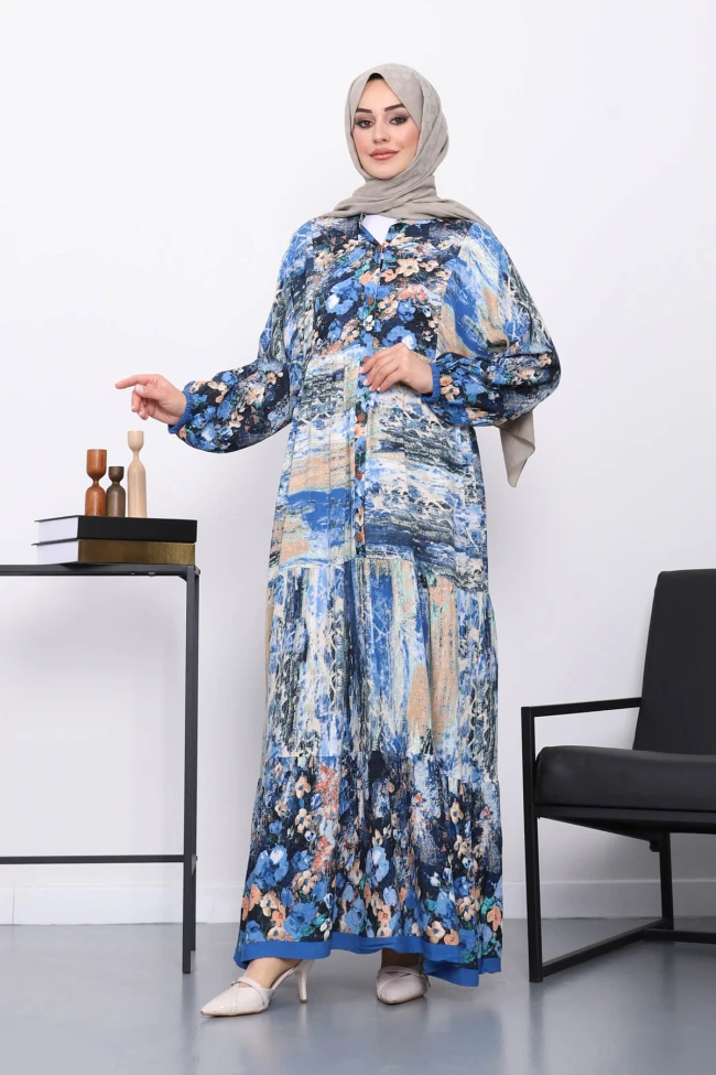 Mavi Hakim Yaka Desenli Düğmeli Viskon Elbise