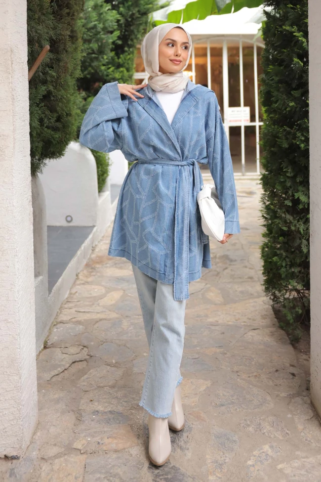 Mavi Kapüşonlu Lazer Kesim Kot Ceket