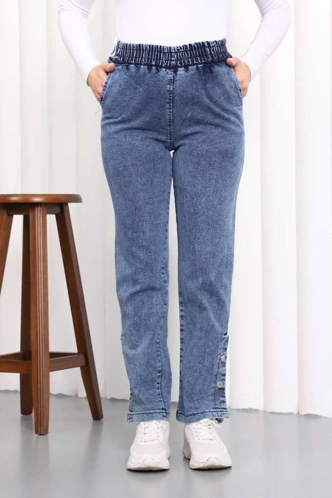 Mavi Paça Düğmeli Kot Pantolon