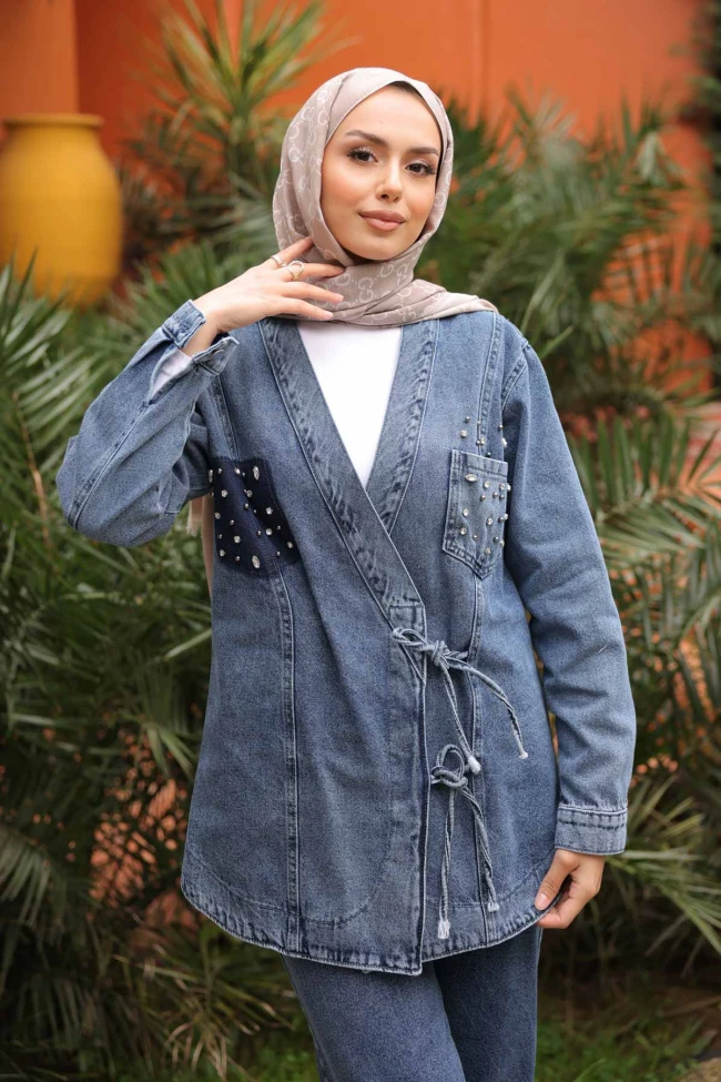 Mavi Taş İşlemeli Ceket Pantolonlu Kot Takım