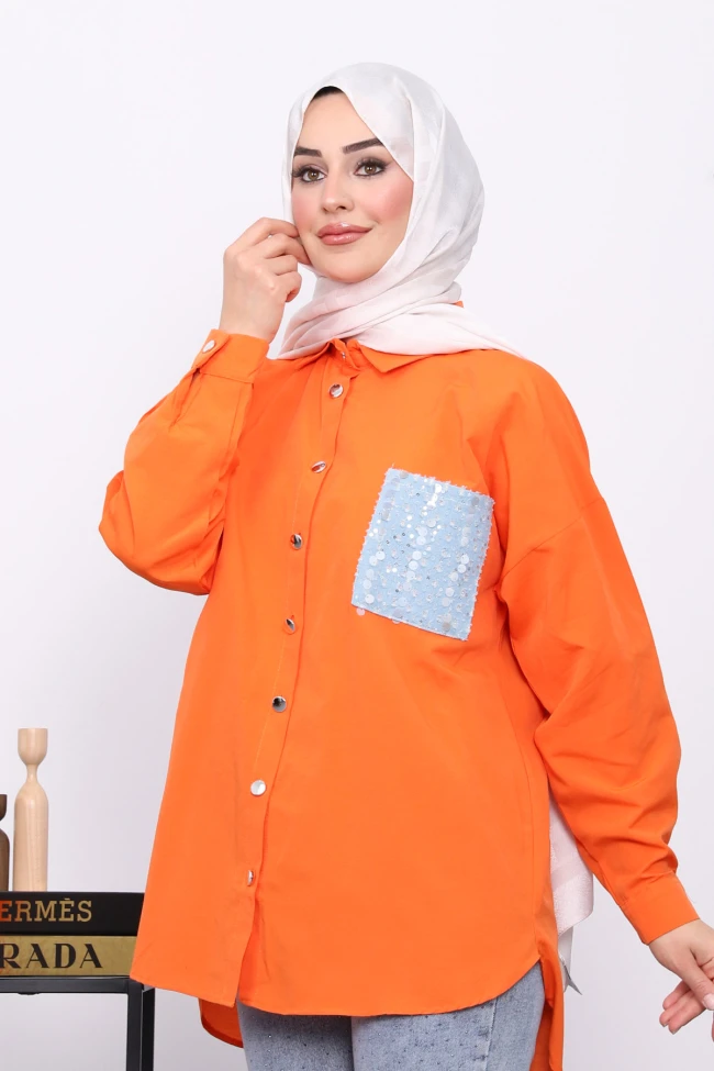 Oranj Cebi Pul İşlemeli Oversize Gömlek