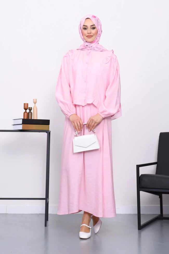 Pembe Fırfırlı Gömlek Etekli Takım