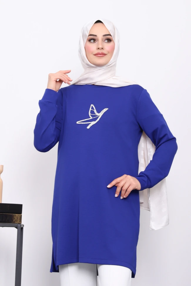 Saks Mavi Taş Baskılı Modal Tunik