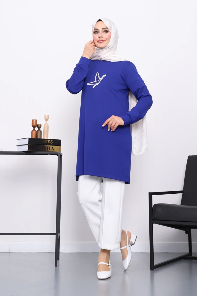 Saks Mavi Taş Baskılı Modal Tunik