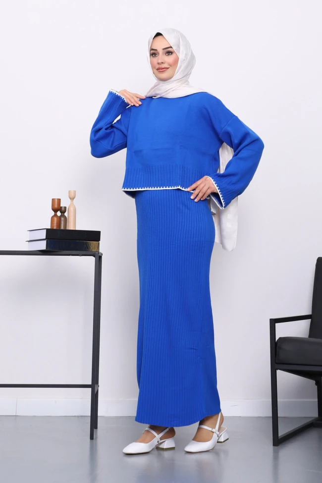 Saks Mavi Triko Crop Elbiseli İkili Takım