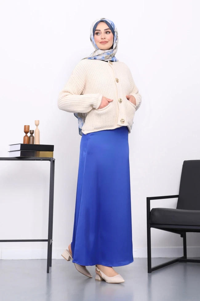 Saks Mavi Yan Fermuarlı Saten Kloş Etek