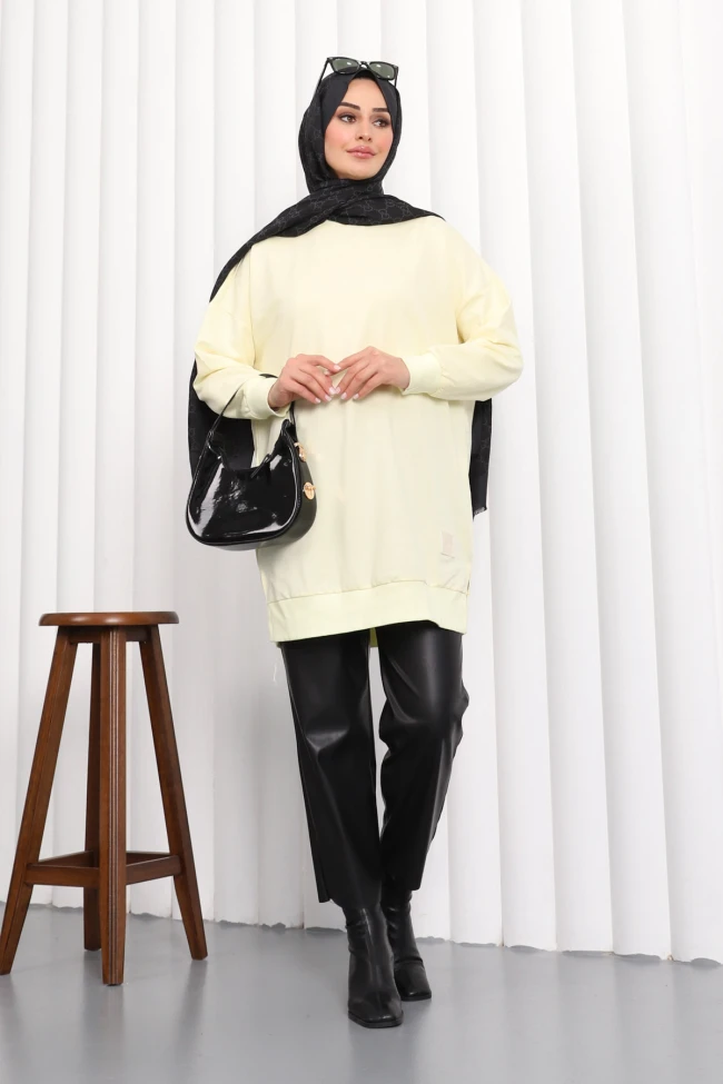 Sarı Bisiklet Yaka Yan Yırtmaçlı Sweat