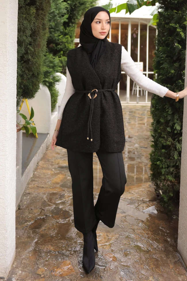 Siyah Bel Bağlamalı Kaşe Yelek
