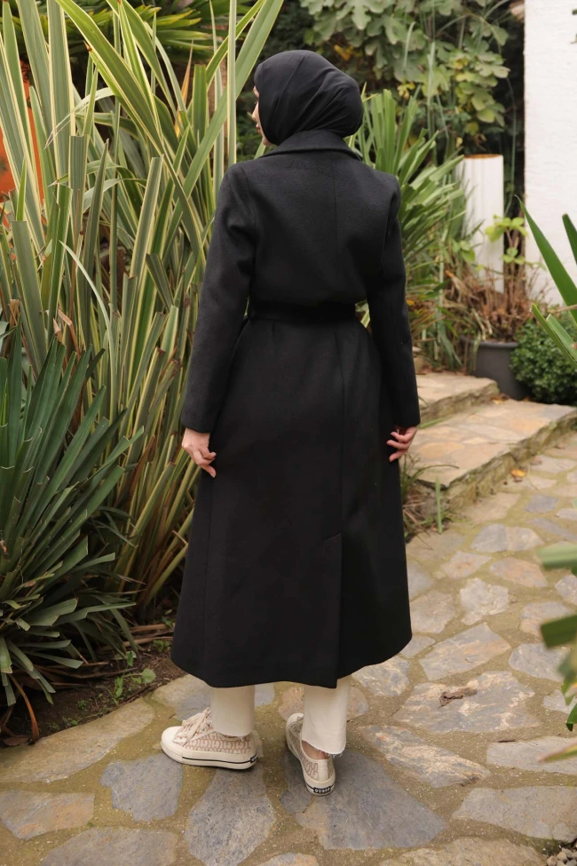 Siyah Bel Kuşaklı Uzun Kaşe Kaban