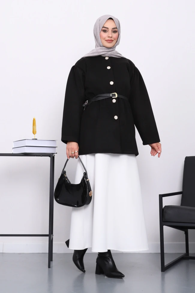 Siyah Bel Lastikli Kemerli Kaşe Çeket