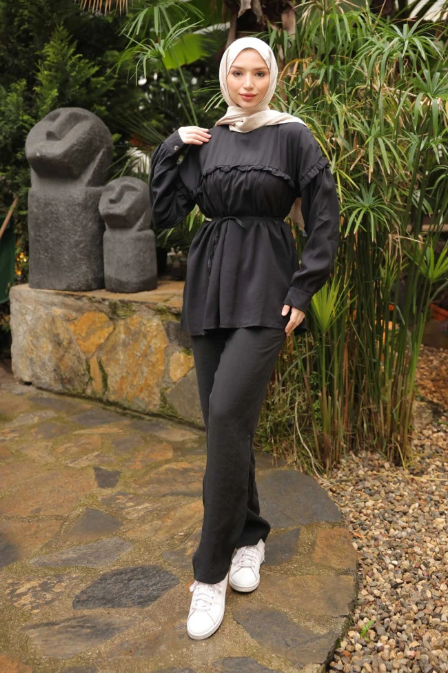 Siyah Beli İpli Tunik Pantolonlu Modal Takım