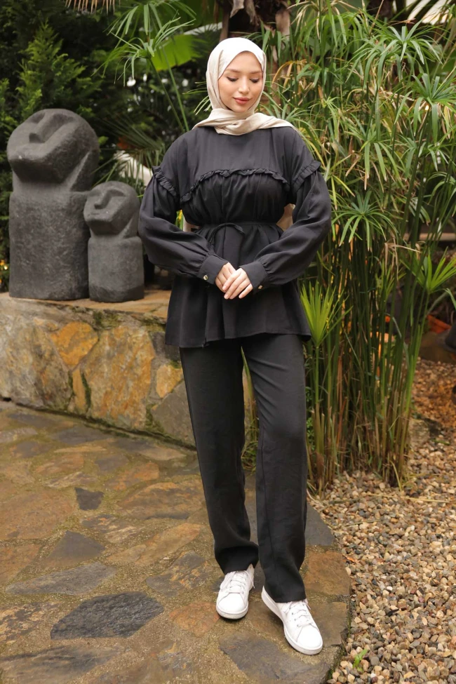 Siyah Beli İpli Tunik Pantolonlu Modal Takım