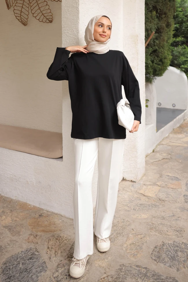 Siyah Bisiklet Yaka Oversize Kol İnce Penye Sweat