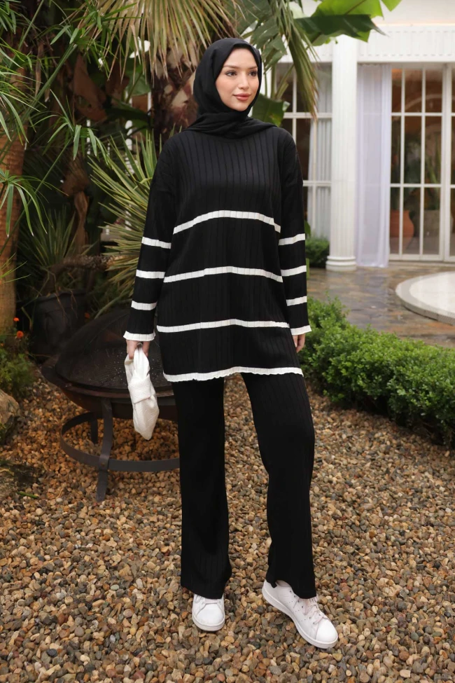 Siyah Çizgili Triko Tunik Pantolon İkili Takım