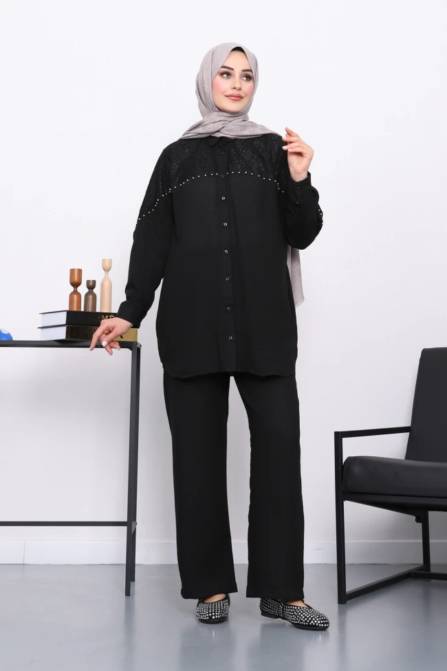 Siyah Dantel Detaylı Boncuklu Tunik Pantolonlu Takım