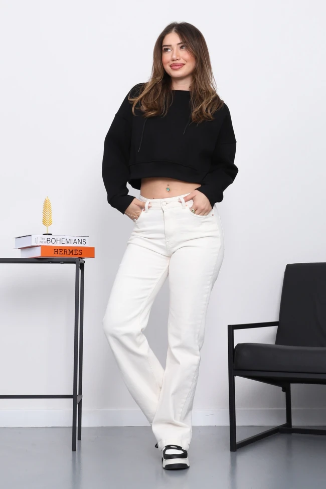 Siyah Kapşonlu İçi Şardonlu Üç İplik Sweatshirt