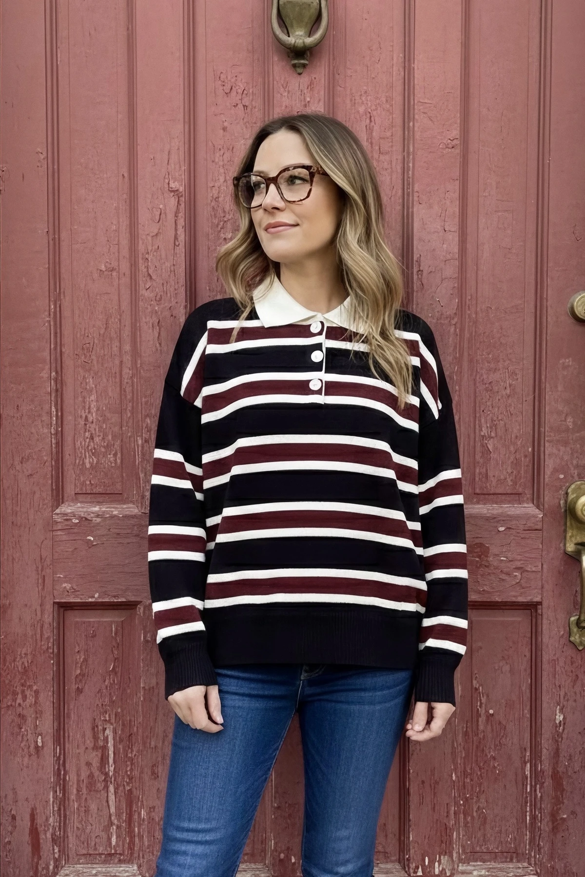 Siyah Polo Yaka Çizgili Triko Kazak