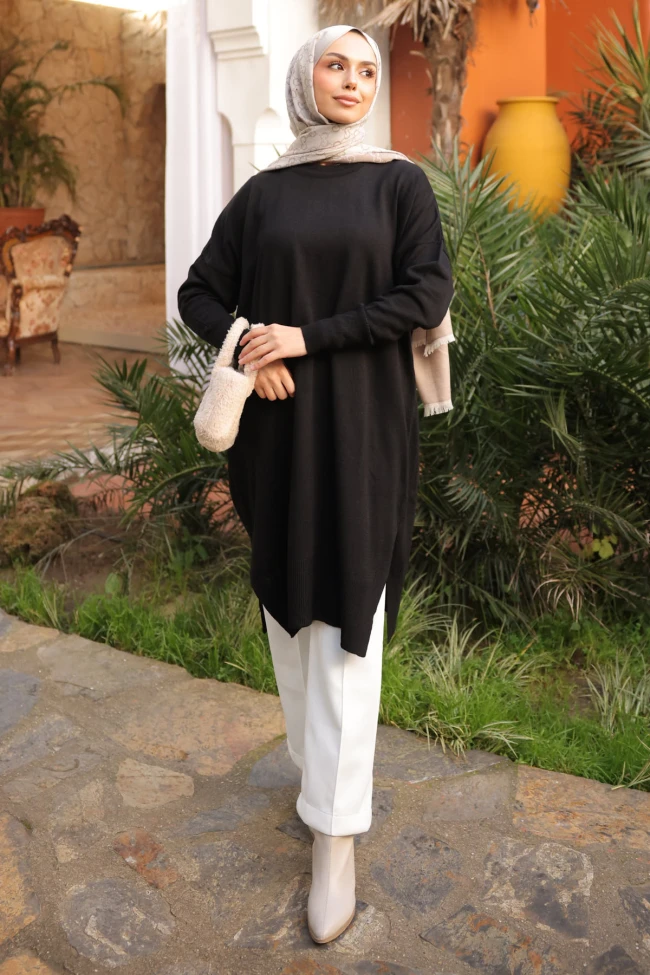 Siyah Salaş Kalıp Uzun Boy Triko Tunik