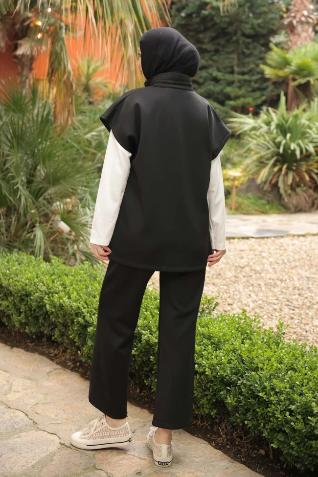 Siyah Scuba Yelek Pantolonlu Üçlü Takım